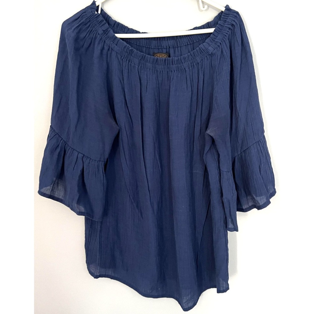 Gaya Off Shoulder Peasant Shirt Womens M Navy Silk Cotton Boho Bell Sleeve Gauze